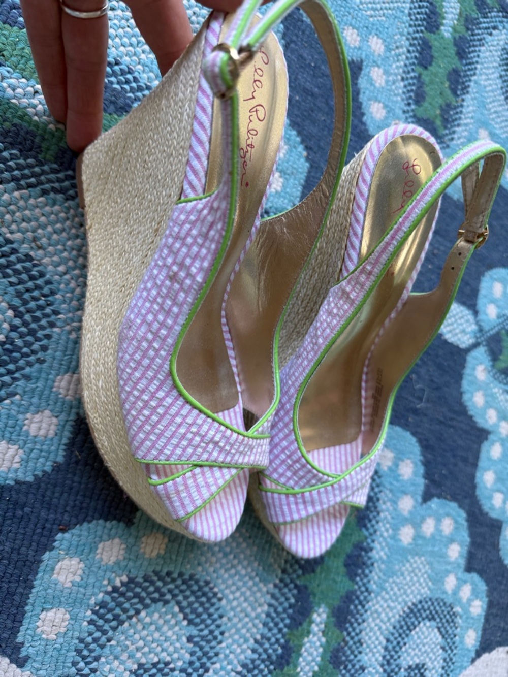Lilly Pulitzer Pink Striped Espadrille Wedges with Lime Trim - Picture 5 of 5